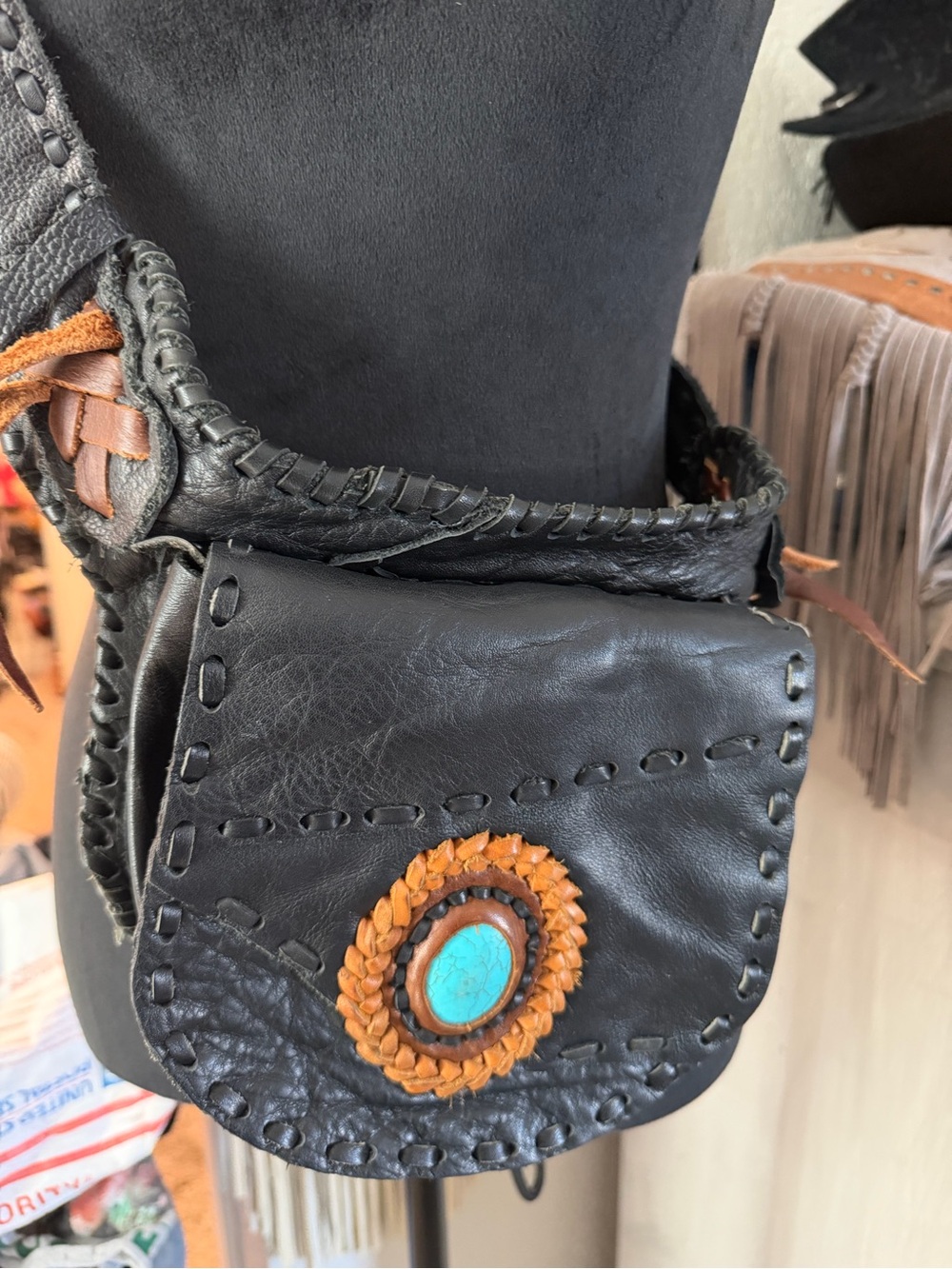 Black Leather Crossbody Bag with Turquoise Accent